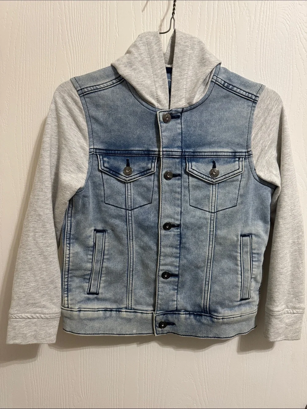 Children’s Denim Art Class Denim Jacket Fleece Sleeves Hood Button Up Small 6-7